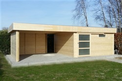 Tuinhuis met plat dak en grote oversteek