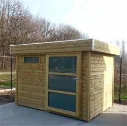 Modern tuinhuis met plat dak en schuifdeur